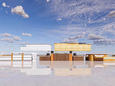 Modern Reception Desk in Contemporary Building Exterior with Blue Sky White Clouds and Mirrored Floor 3d model
