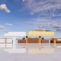 Modern Reception Desk in Contemporary Building Exterior with Blue Sky White Clouds and Mirrored Floor