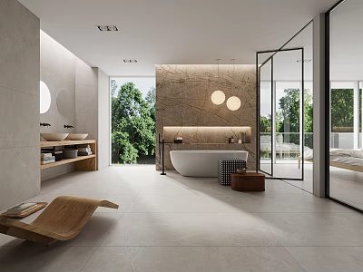 Modern Bathroom Interior Design With Double Vanity Freestanding Bathtub Marble Wall And Green Tree View 3d model