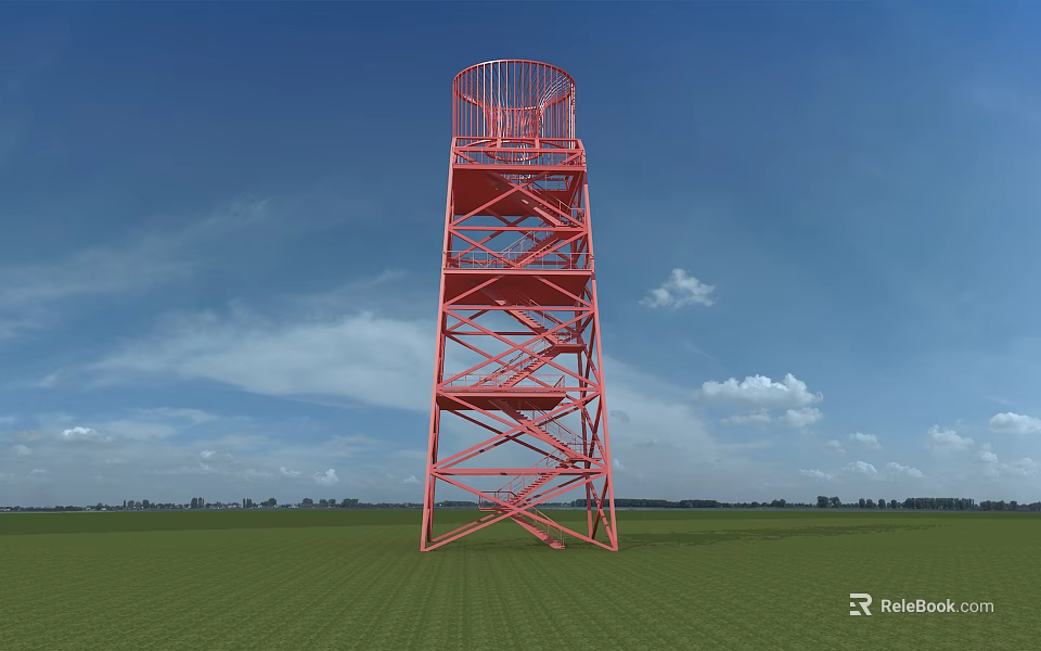 Red Metal Observation Tower With Spiral Staircase In Green Field Under Blue Sky 3d model 