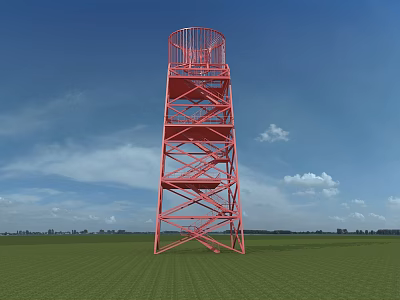 Red Metal Observation Tower With Spiral Staircase In Green Field Under Blue Sky 3d model
