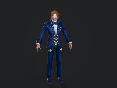 A Man Wearing Blue Formal Suit With Golden Details And Blonde Hair 3d model