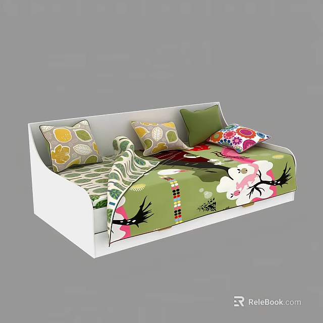 White Kids Bed with Green Floral Quilt and Colorful Decorative Pillows 3d model 