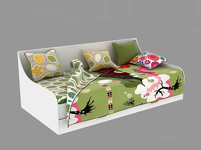 White Kids Bed with Green Floral Quilt and Colorful Decorative Pillows 3d model