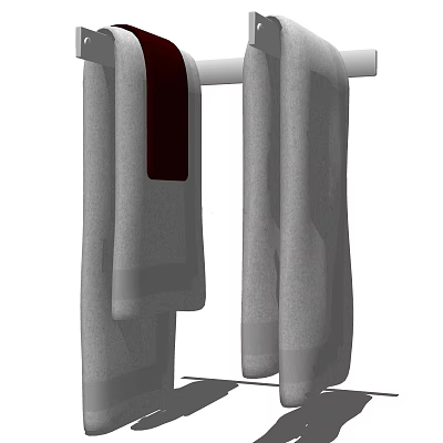Soft Absorbent Cotton Towels Hanging On Rod With Gray And Red Accent Design 3d model
