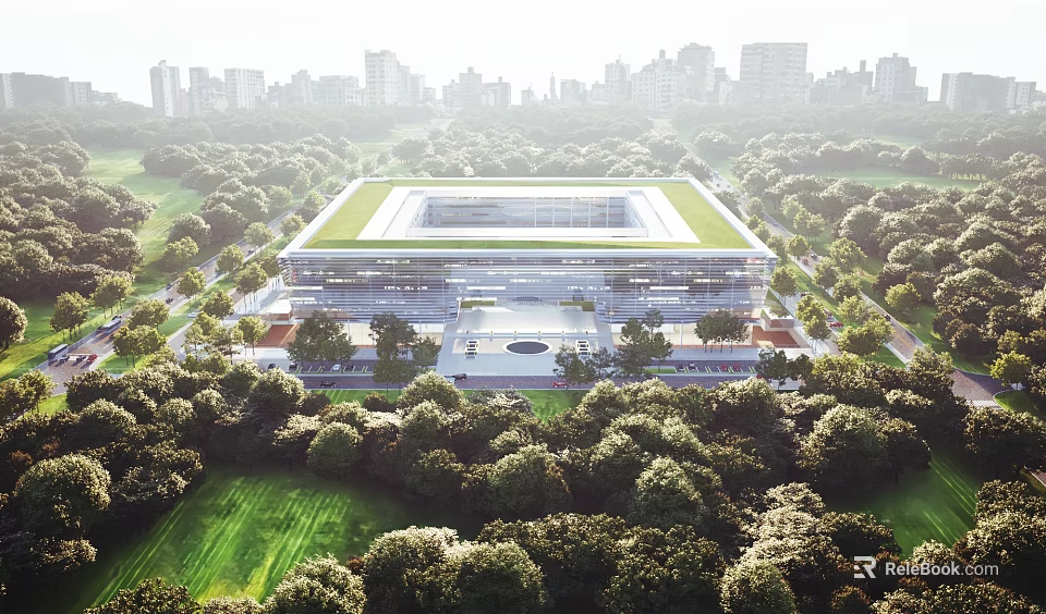 Aerial View Planning of Modern Building With Green Roof and Lush Green Spaces 3d model 
