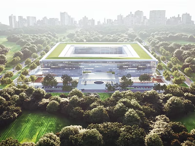 Aerial View Planning of Modern Building With Green Roof and Lush Green Spaces 3d model
