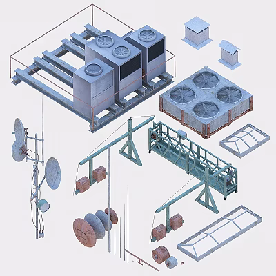Industrial Building Components Including Cooling Towers Satellite Dishes Cable Racks and Insulators 3d model