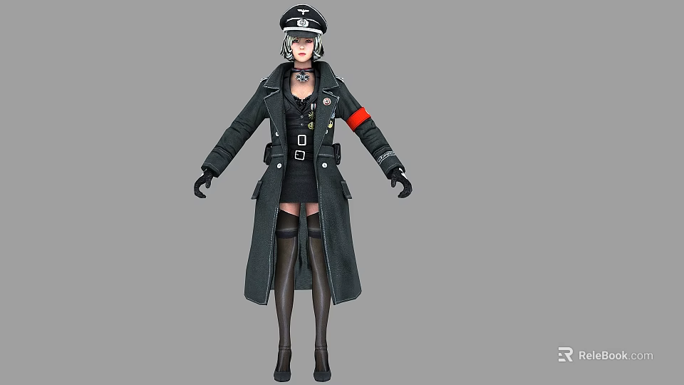 Woman Wearing Long Black Coat Black Skirt Knee High Boots Hat and Red Armband 3d model 