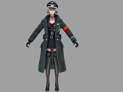 Woman Wearing Long Black Coat Black Skirt Knee High Boots Hat and Red Armband 3d model