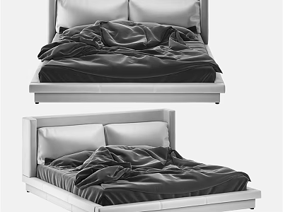 Modern Double Bed Design With Simple Frame Headboard And Dark Bedding 3d model