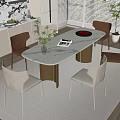 Modern Dining Table Set With Oval Marble Top Beige Brown Chairs Vase And Fruit Platter