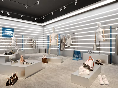 Modern Clothing Store Interior With Mannequins Clothes Shoes Bags And Display Platforms 3d model