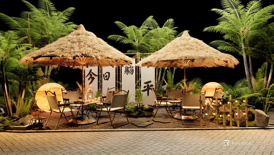 Serene Park Landscape With Thatched Umbrellas Tables Chairs Lanterns Palm Trees And Paved Ground 3d model 