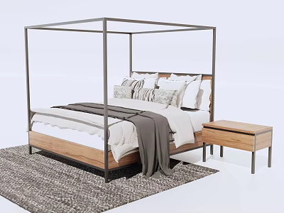 Modern Double Bed With Metal Four Poster Frame Wooden Headboard Nightstand And Rug 3d model