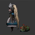 3D Character Model With Armor Helmet Apron Pigtails And Box With Red Fruits