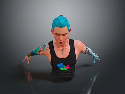 Blue Haired Man Wearing Black Tank Top With Colorful Logo Tattoos and Blue Cybernetic Arm 3d model