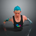 Blue Haired Man Wearing Black Tank Top With Colorful Logo Tattoos and Blue Cybernetic Arm