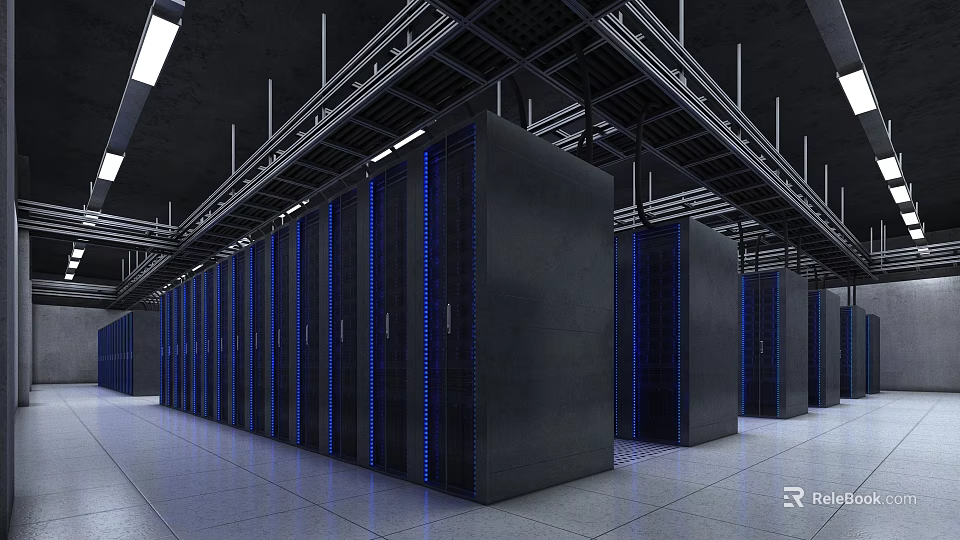 Modern Public Office Space With Black Server Racks Blue Lights And White Floor Structure 3d model