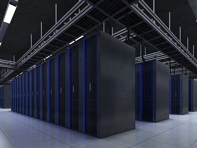 Modern Public Office Space With Black Server Racks Blue Lights And White Floor Structure 3d model