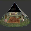 Cozy Outdoor Tent Setup With Soft Sofa Colorful Pillows Warm Rug Potted Plant And Candles