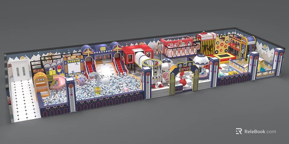 Colorful Indoor Kids Playground With Ball Pit Slides Climbing Structures And Cartoon Decorations 3d model 