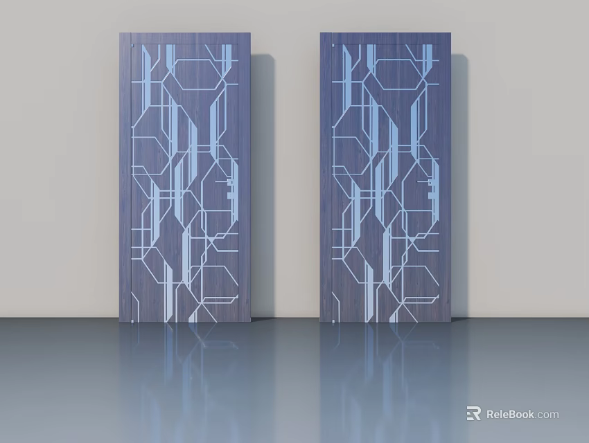 Dark Swing Doors With White Geometric Patterns On Light Wall And Smooth Gray Floor 3d model 