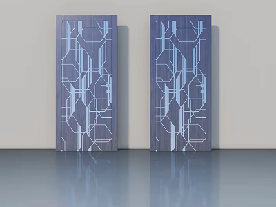 Dark Swing Doors With White Geometric Patterns On Light Wall And Smooth Gray Floor 3d model