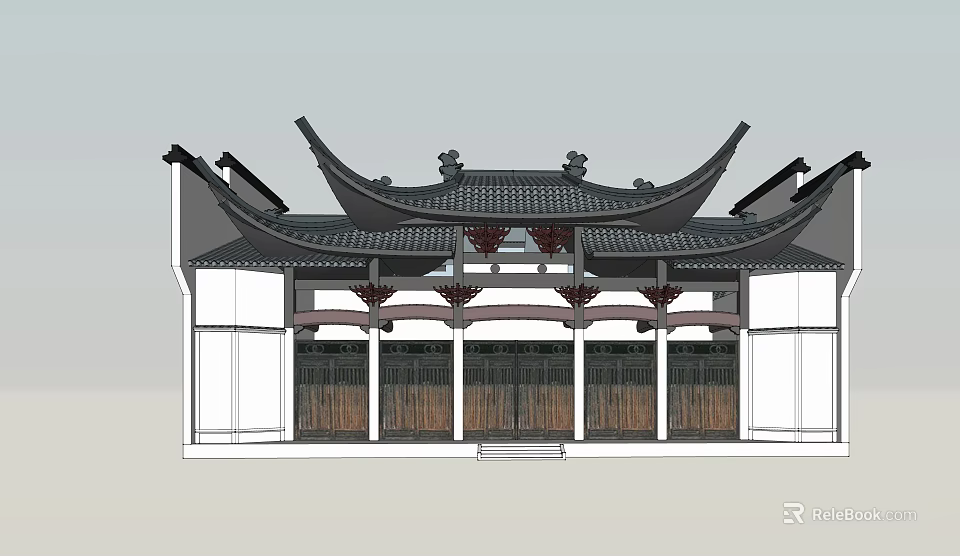 Ancient Chinese Architecture With Curved Eaves Tiled Roof And Wooden Structure 3d model 