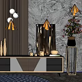 Luxury Modern TV Cabinet With Wood Metal Accents And Decor Items Against Marble Wall
