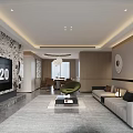 Modern Living Dining Room Interior With Floor to Ceiling Windows Scenic View Marble TV Wall