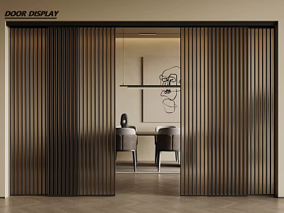 Modern Sliding Door Display with Vertical Slats in Contemporary Interior with Dining Table 3d model