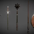 Retro Cold Weapon Combination Sword Meteor Hammer Shield Medieval Weapon 3d model