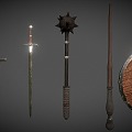 Retro Cold Weapon Combination Sword Meteor Hammer Shield Medieval Weapon 3d model