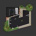 Small Building Featuring Blue Red Walls Black Roof Transparent Section Palm Trees and Green Plants