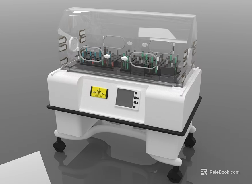 Modern Medical Infant Incubator With Transparent Hood Control Panel Safety Warning Label And Wheels 3d model 