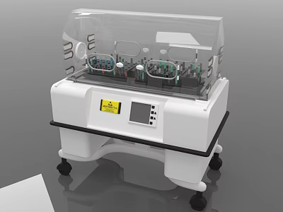 Modern Medical Infant Incubator With Transparent Hood Control Panel Safety Warning Label And Wheels 3d model