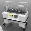 Modern Medical Infant Incubator With Transparent Hood Control Panel Safety Warning Label And Wheels