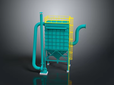 Industrial Dust Collector Equipment With Green Body Yellow Ladder And Curved Pipes 3d model