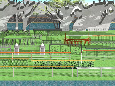 Decorative Metal Garden Fence Designs Featuring Ornate Railings And Green Landscaping 3d model