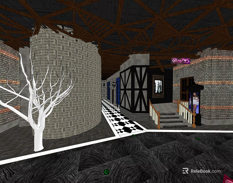 Unique KTV Interior Featuring Brick Walls Wooden Ceiling And White Dead Tree Decor 3d model 