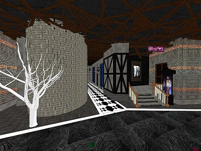 Unique KTV Interior Featuring Brick Walls Wooden Ceiling And White Dead Tree Decor 3d model