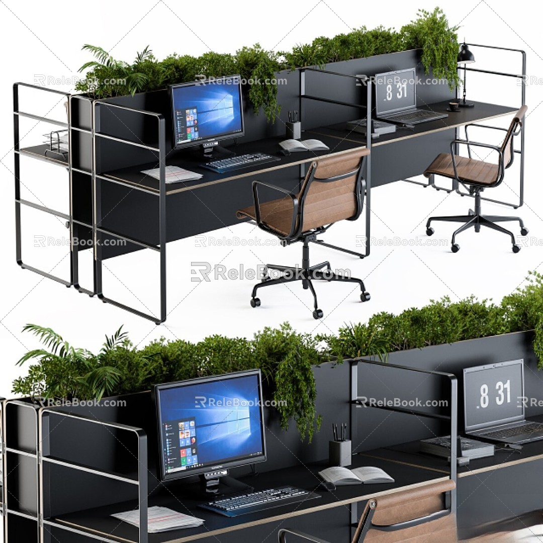 Modern Table and Chair Combination Office Workplace Black Wood Laptop 3d model