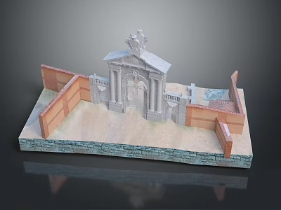 Stone Entrance Gate With Statue On Top And Brick Walls Surrounding Sand Base 3d model