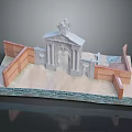 Stone Entrance Gate With Statue On Top And Brick Walls Surrounding Sand Base