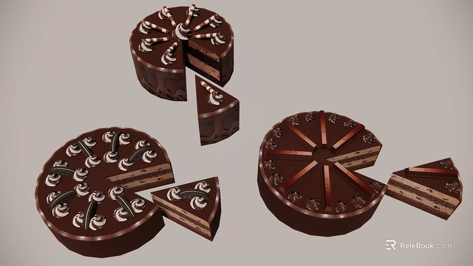 Delicious Chocolate Cake With Sliced Pieces Cream Swirls And Decorative Toppings 3d model 