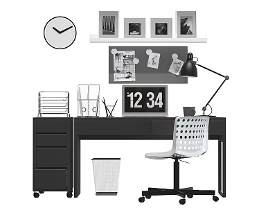 Modern Desk Setup With Lamp Chair Monitor Photos Clock Shelf And Storage 3d model