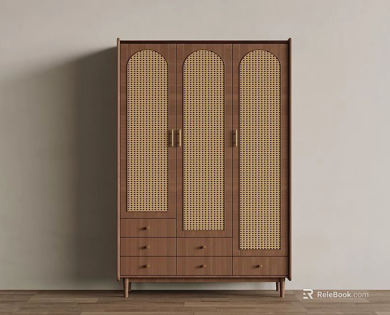 Wooden Wardrobe With Woven Rattan Doors And Drawers In Minimalist Design 3d model 