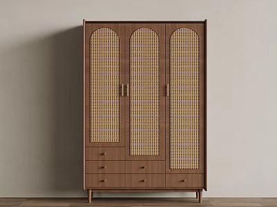Wooden Wardrobe With Woven Rattan Doors And Drawers In Minimalist Design 3d model