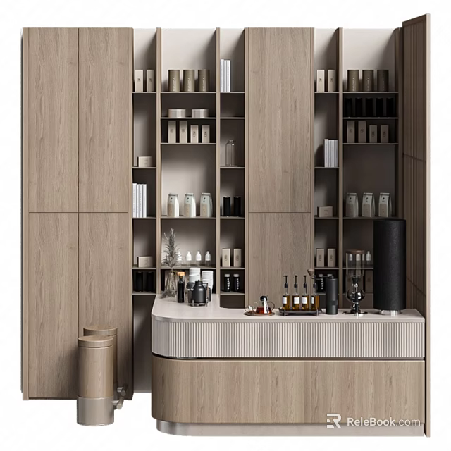 Modern Reception Desk Interior With Wooden Shelves Cabinets And Decorative Bottles 3d model 